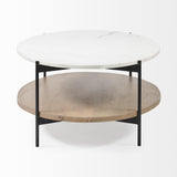 Mercana Larkin 48" Oval White Marble Top and Solid Wood Shelf w/ Black Metal Frame Coffee Table