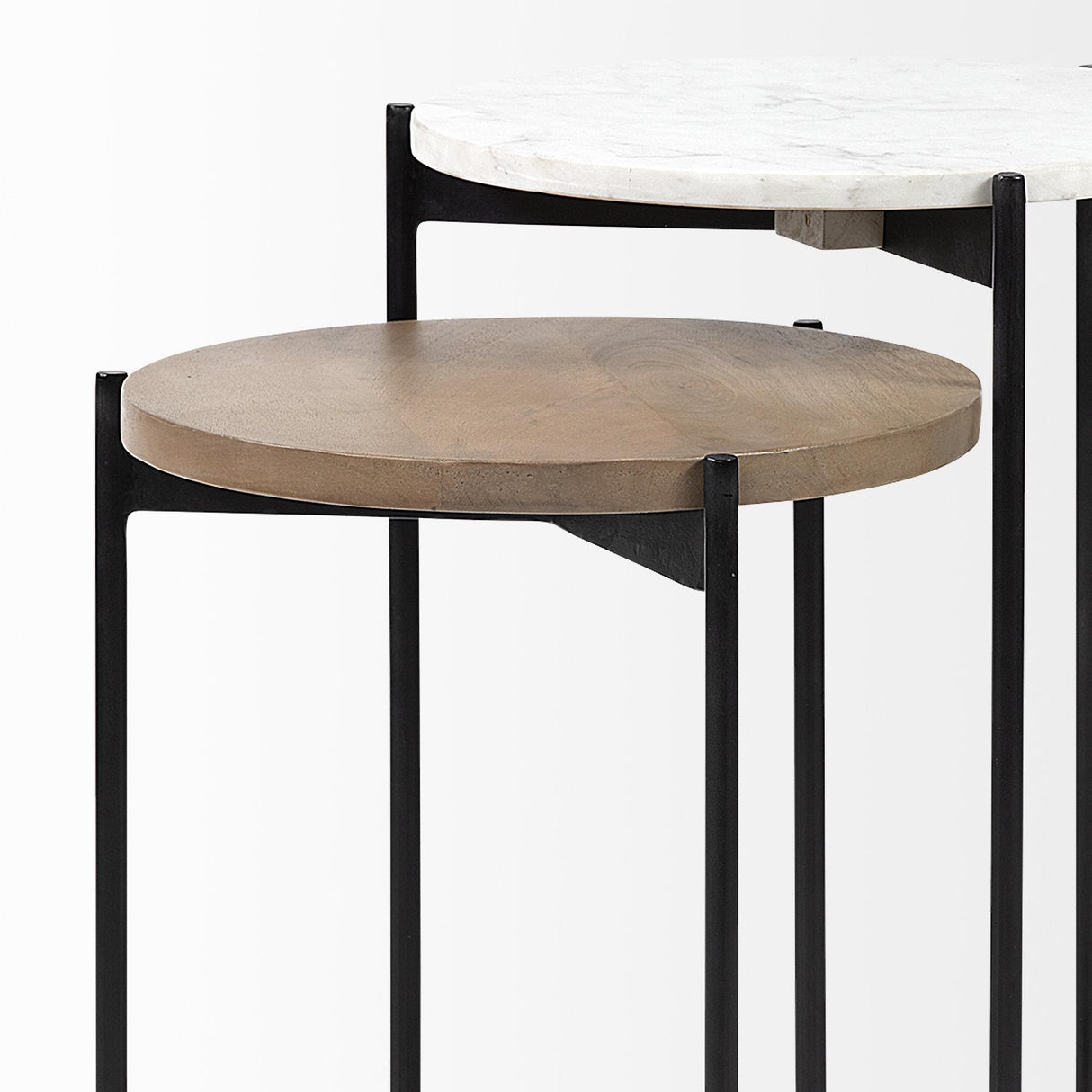 Mercana Larkin II Marble and Medium Brown Wood Round Tabletop Nesting End/Side Tables
