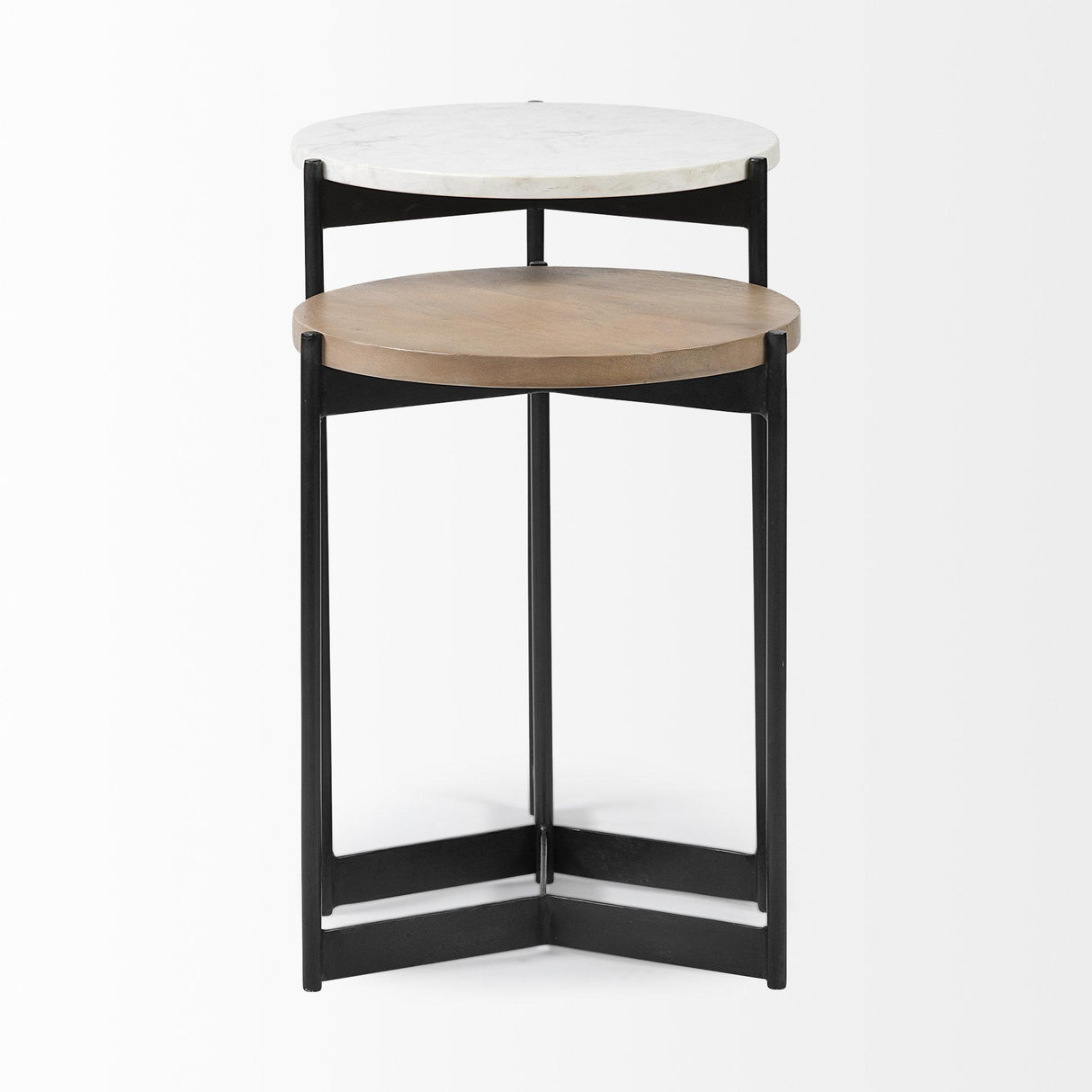 Mercana Larkin II Marble and Medium Brown Wood Round Tabletop Nesting End/Side Tables