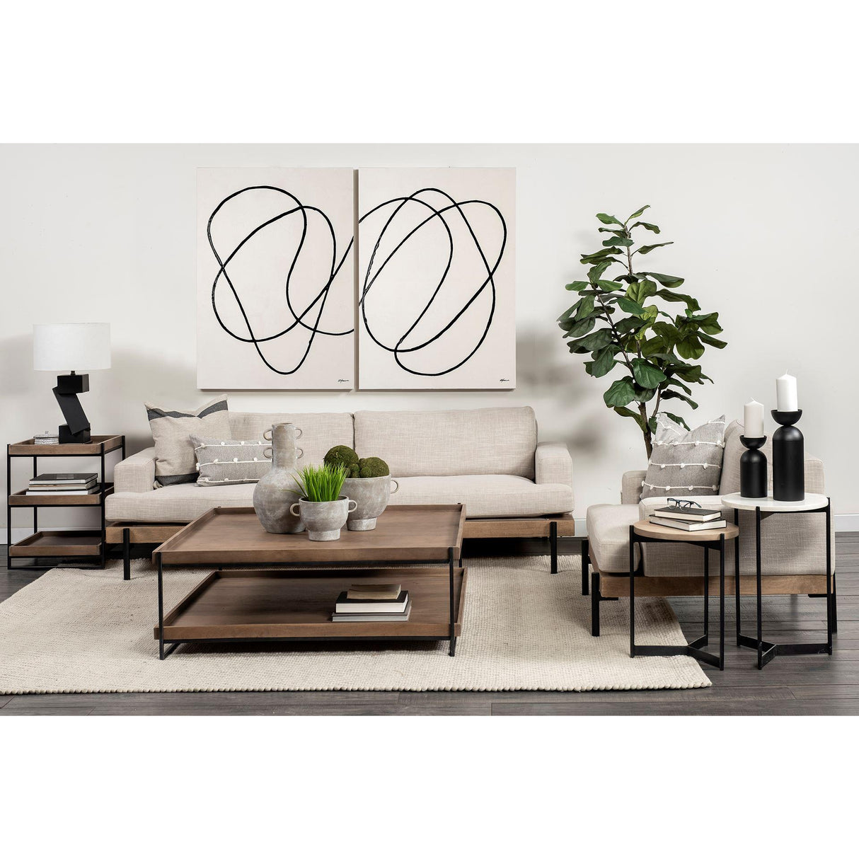 Mercana Larkin II Marble and Medium Brown Wood Round Tabletop Nesting End/Side Tables