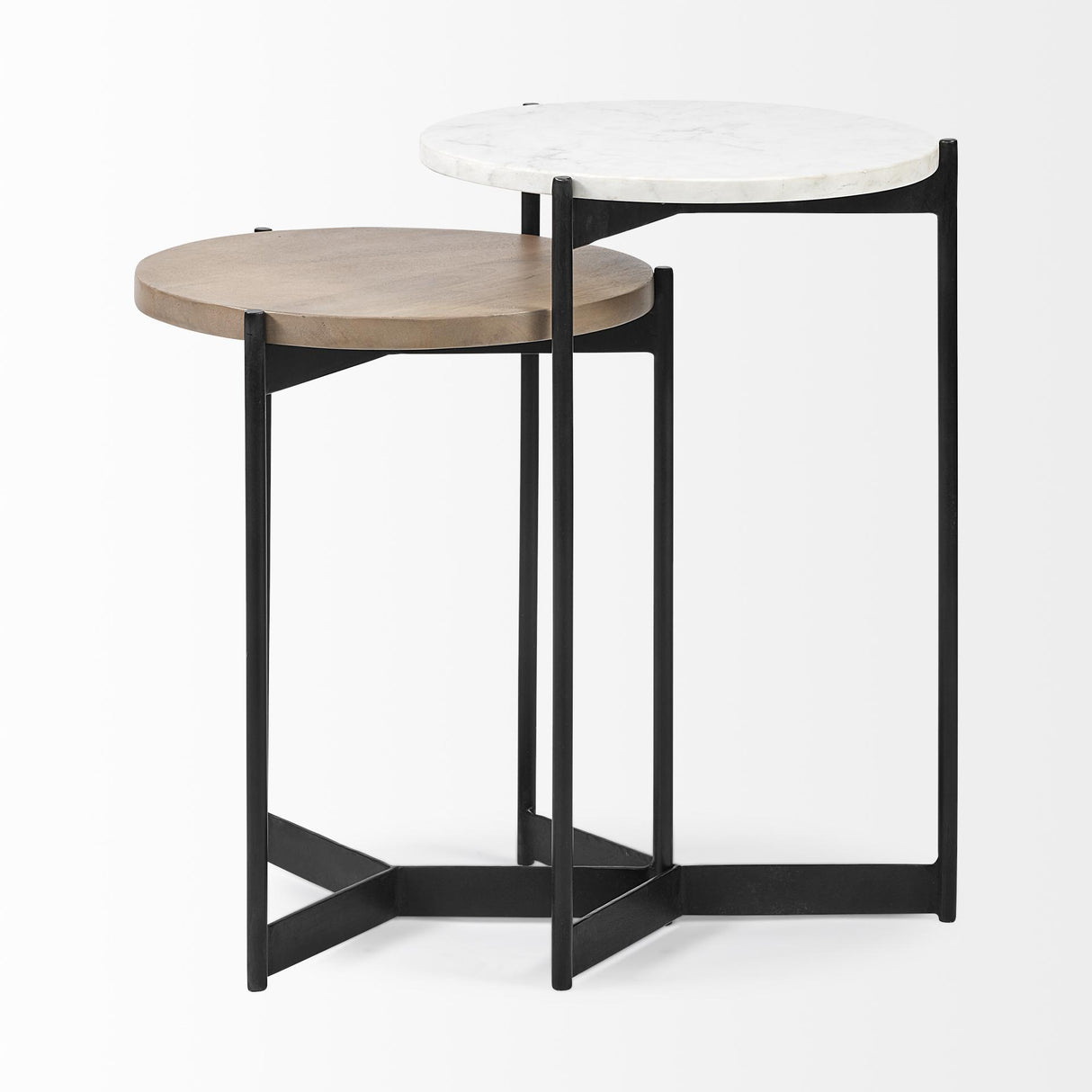 Mercana Larkin II Marble and Medium Brown Wood Round Tabletop Nesting End/Side Tables
