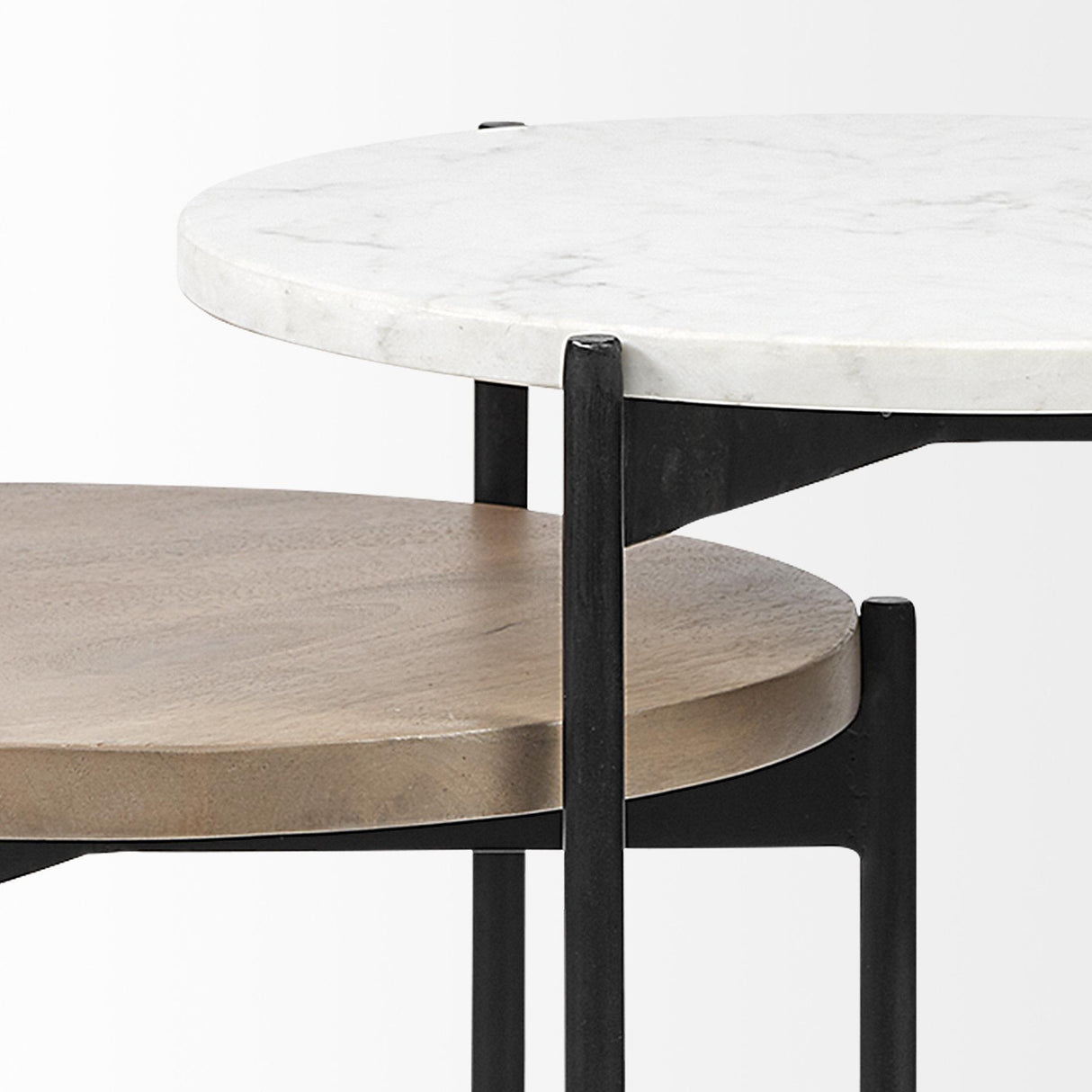 Mercana Larkin II Marble and Medium Brown Wood Round Tabletop Nesting End/Side Tables
