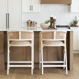 Mercana Tabitha 26.75" Seat Height Beige Fabric/Rattan Seat Blonde Wood Frame Counter Stool