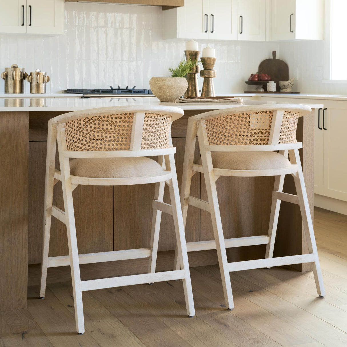 Mercana Tabitha 26.75" Seat Height Beige Fabric/Rattan Seat Blonde Wood Frame Counter Stool