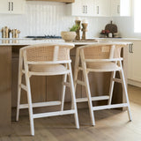 Mercana Tabitha 26.75" Seat Height Beige Fabric/Rattan Seat Blonde Wood Frame Counter Stool