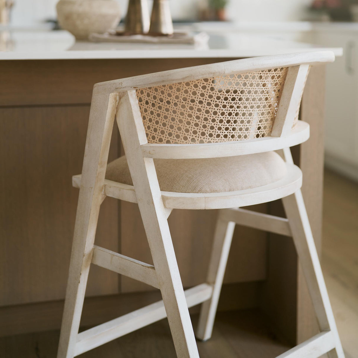 Mercana Tabitha 26.75" Seat Height Beige Fabric/Rattan Seat Blonde Wood Frame Counter Stool