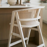 Mercana Tabitha 26.75" Seat Height Beige Fabric/Rattan Seat Blonde Wood Frame Counter Stool
