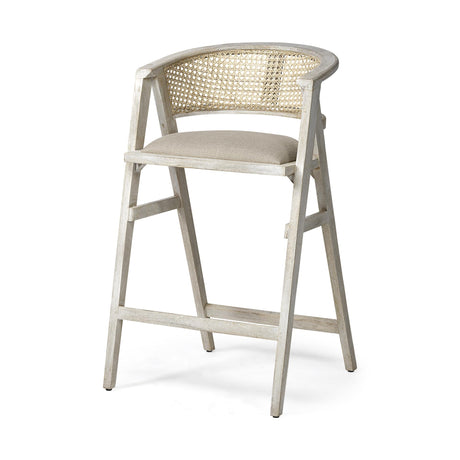 Mercana Tabitha 30.75" Seat Height Beige Fabric/Rattan Seat Blonde Wood Frame Bar Stool