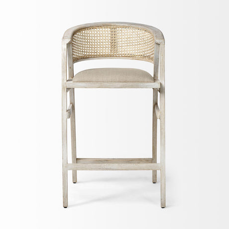 Mercana Tabitha 30.75" Seat Height Beige Fabric/Rattan Seat Blonde Wood Frame Bar Stool