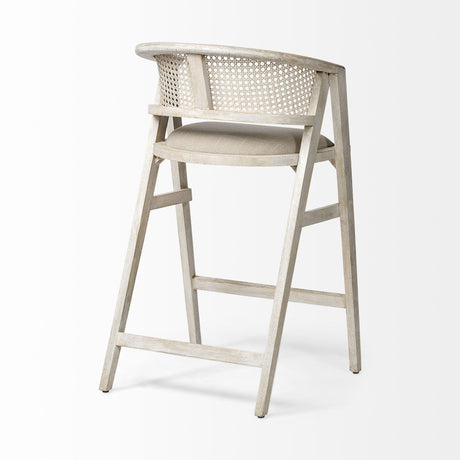 Mercana Tabitha 30.75" Seat Height Beige Fabric/Rattan Seat Blonde Wood Frame Bar Stool