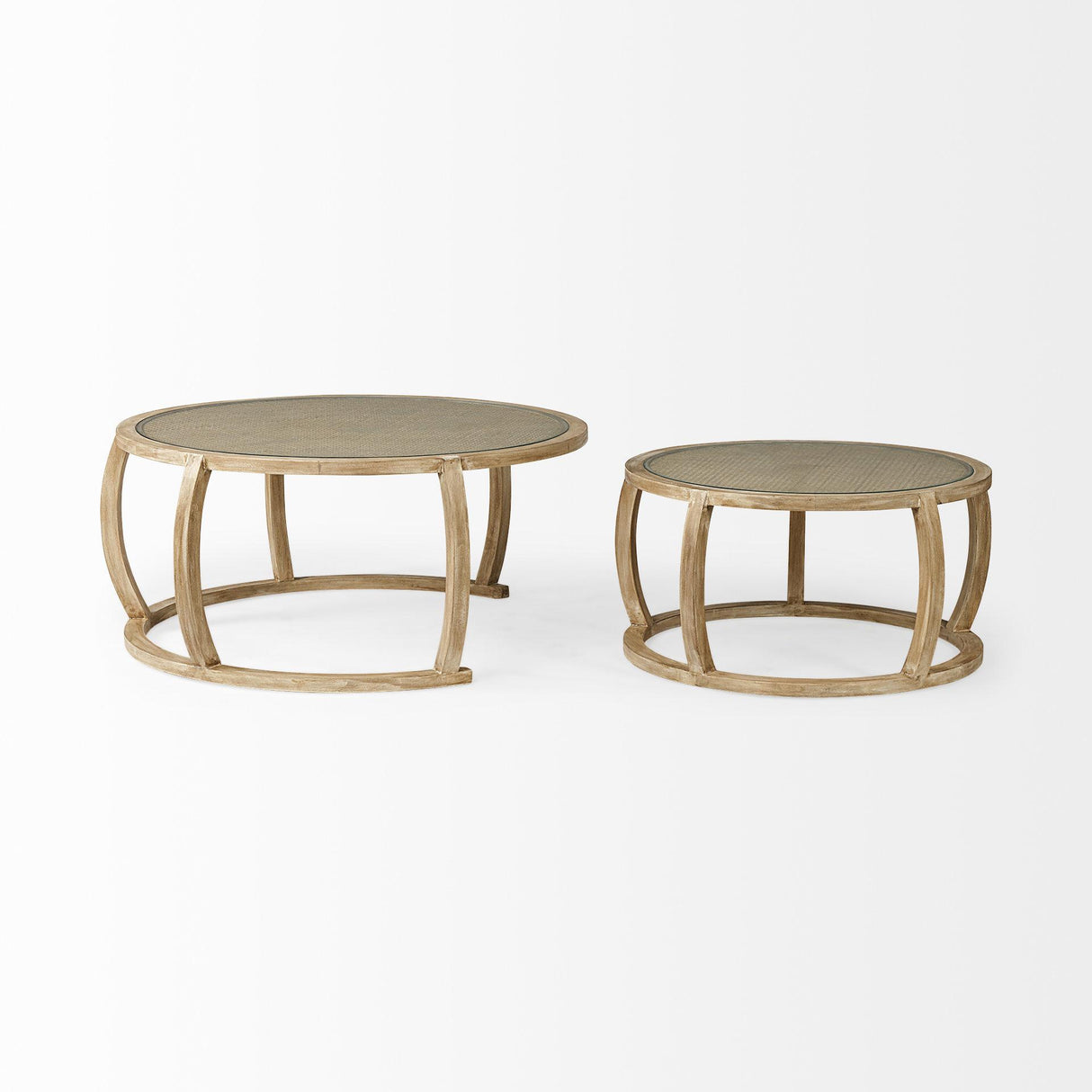 Mercana Hubbard Set of 2 Round Woven Cane w/Glass Top Solid Wood Base Coffee Tables