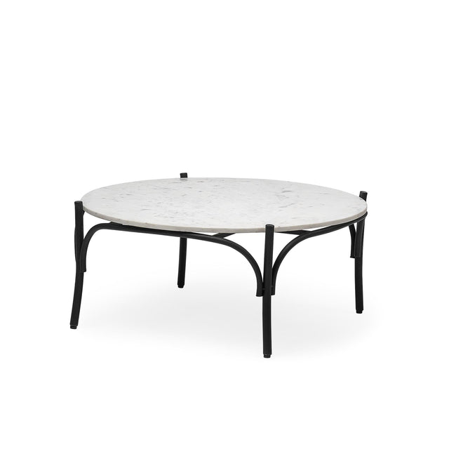Mercana Etienne 36" Round White Marble Top Black Metal Base Coffee Table