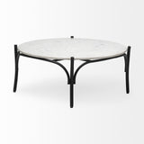 Mercana Etienne 36" Round White Marble Top Black Metal Base Coffee Table