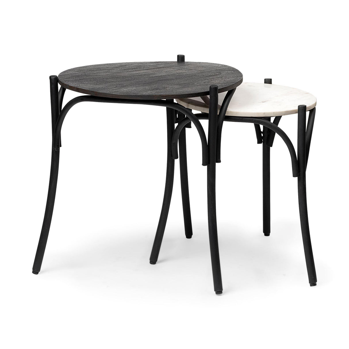 Mercana Etienne VII 24" Set of Two Round Top Black Wood and Marble Top Nesting Table