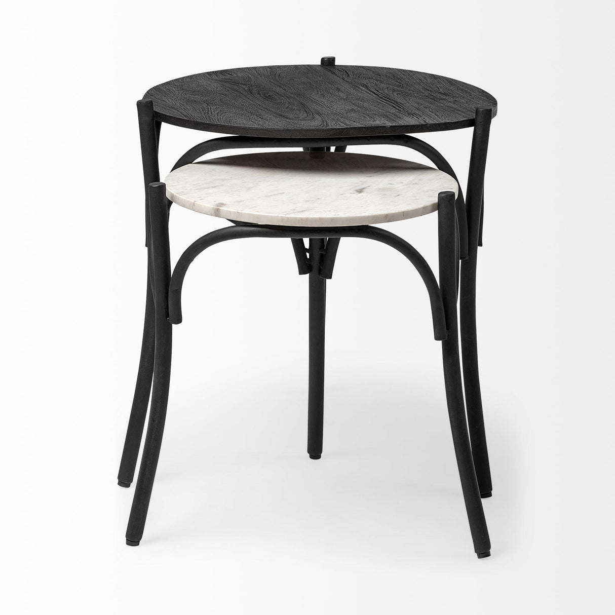 Mercana Etienne VII 24" Set of Two Round Top Black Wood and Marble Top Nesting Table