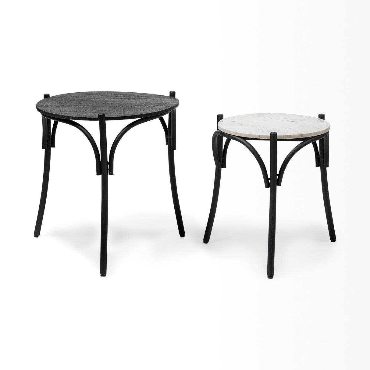 Mercana Etienne VII 24" Set of Two Round Top Black Wood and Marble Top Nesting Table