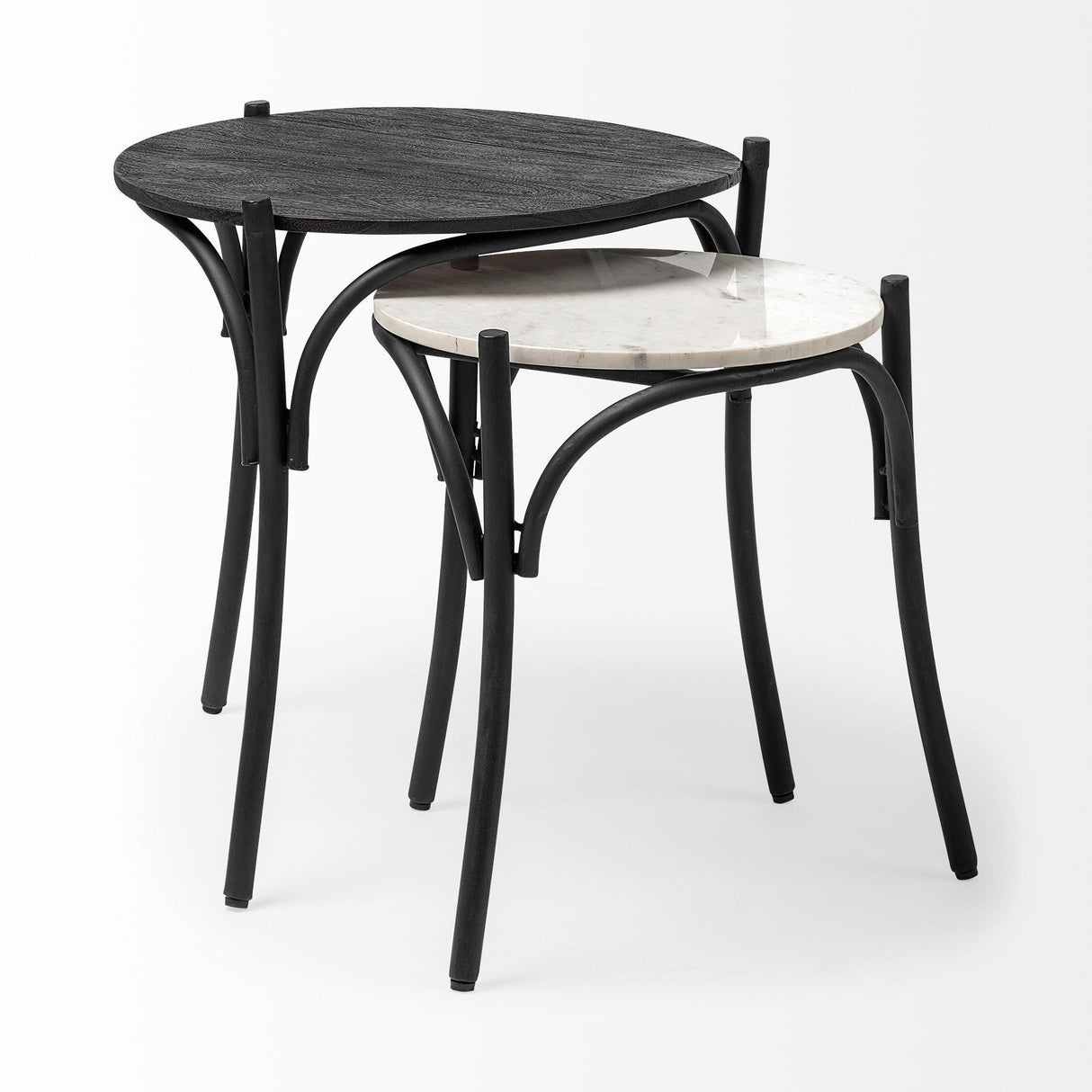 Mercana Etienne VII 24" Set of Two Round Top Black Wood and Marble Top Nesting Table