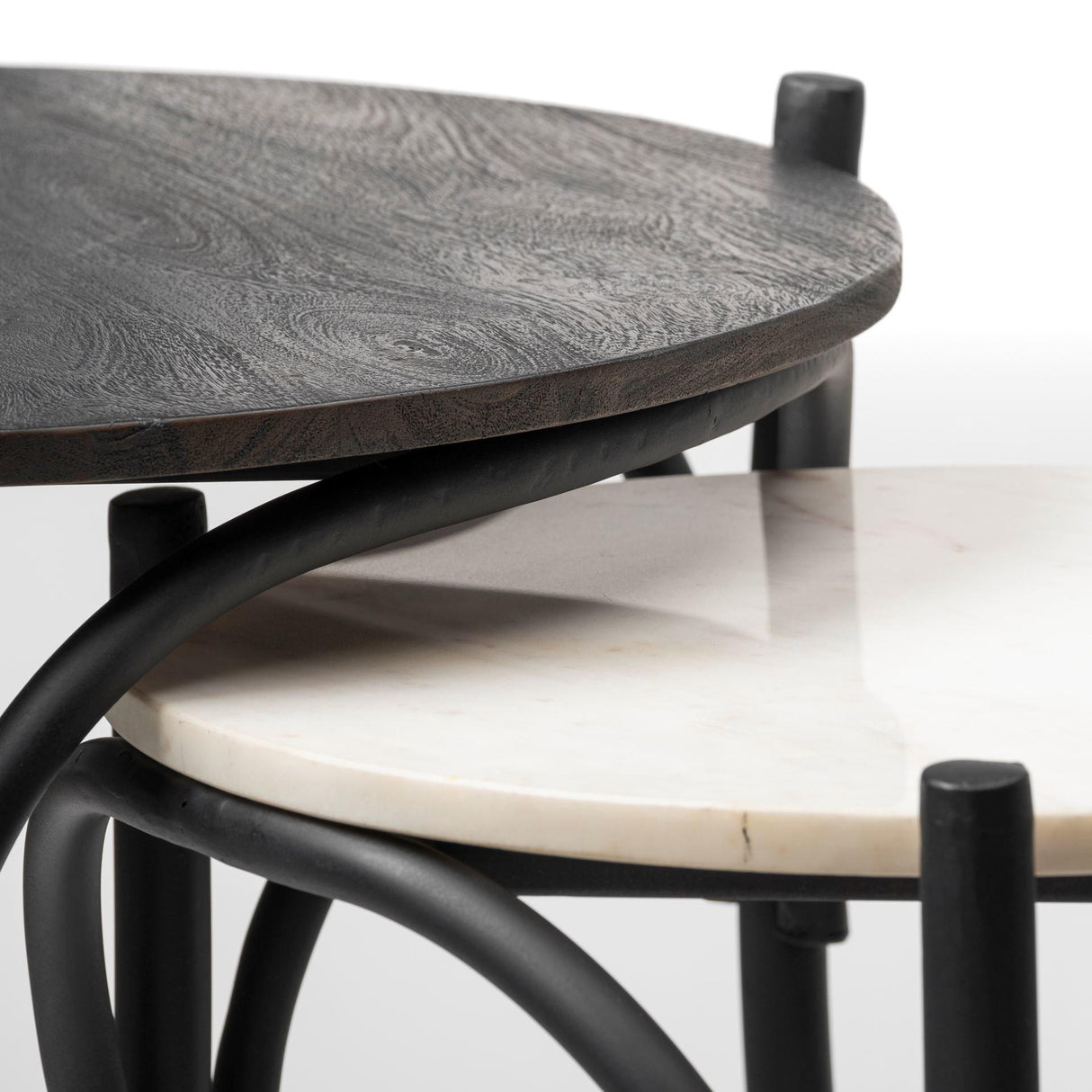 Mercana Etienne VII 24" Set of Two Round Top Black Wood and Marble Top Nesting Table