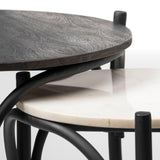 Mercana Etienne VII 24" Set of Two Round Top Black Wood and Marble Top Nesting Table