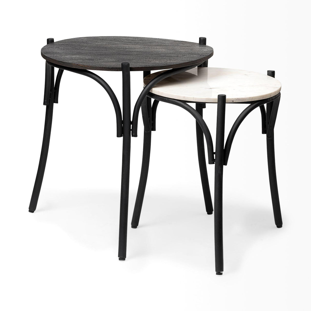 Mercana Etienne VII 24" Set of Two Round Top Black Wood and Marble Top Nesting Table
