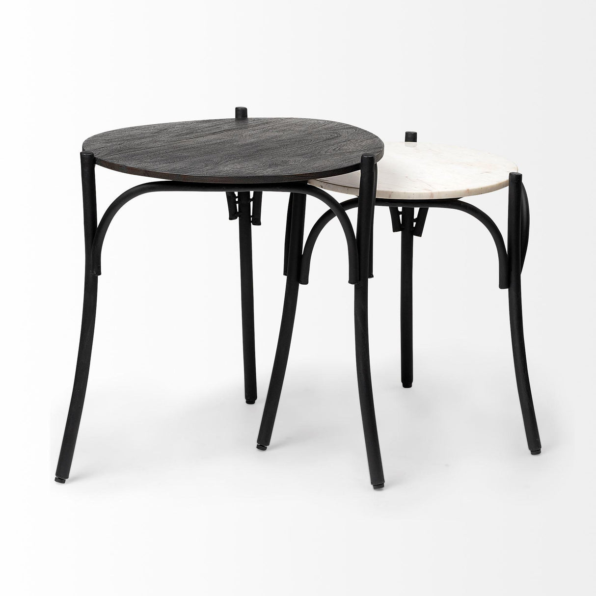 Mercana Etienne VII 24" Set of Two Round Top Black Wood and Marble Top Nesting Table