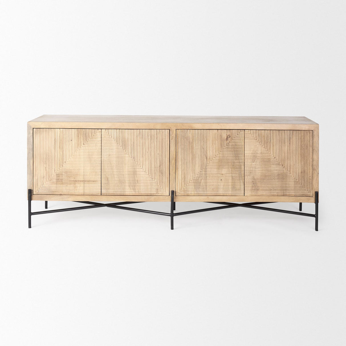 Mercana Cairo 78x19 Brown Solid Wood Black Metal Base 4 Door Cabinet Sideboard