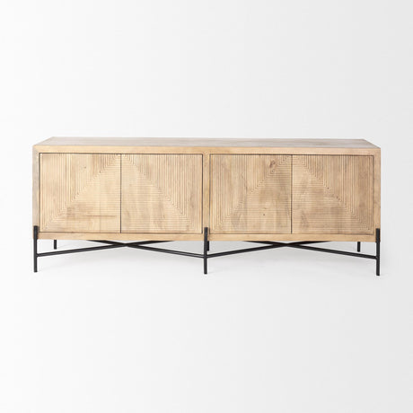 Mercana Cairo 78x19 Brown Solid Wood Black Metal Base 4 Door Cabinet Sideboard