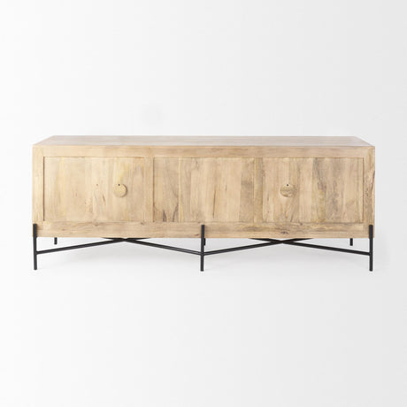 Mercana Cairo 78x19 Brown Solid Wood Black Metal Base 4 Door Cabinet Sideboard