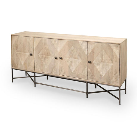 Mercana Hogarth III 72L x 15W x 34H Brown Solid Wood Frame Gold Metal Base 4 Cabinet Door Sideboard