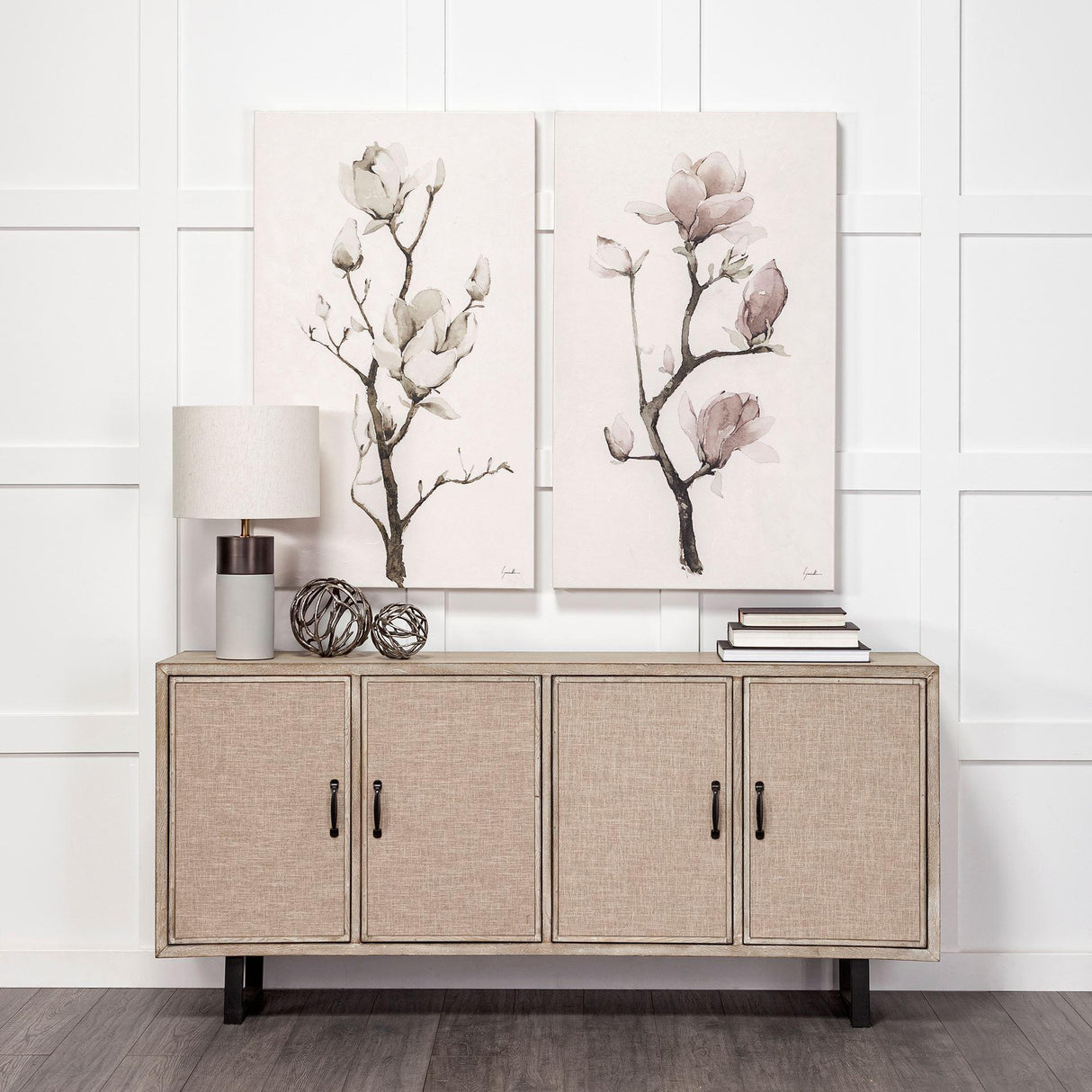 Mercana Bellefontaine II 68x15.5 Brown Fir Veneer Frame 4 Fabric Covered Cabinet Door Sideboard