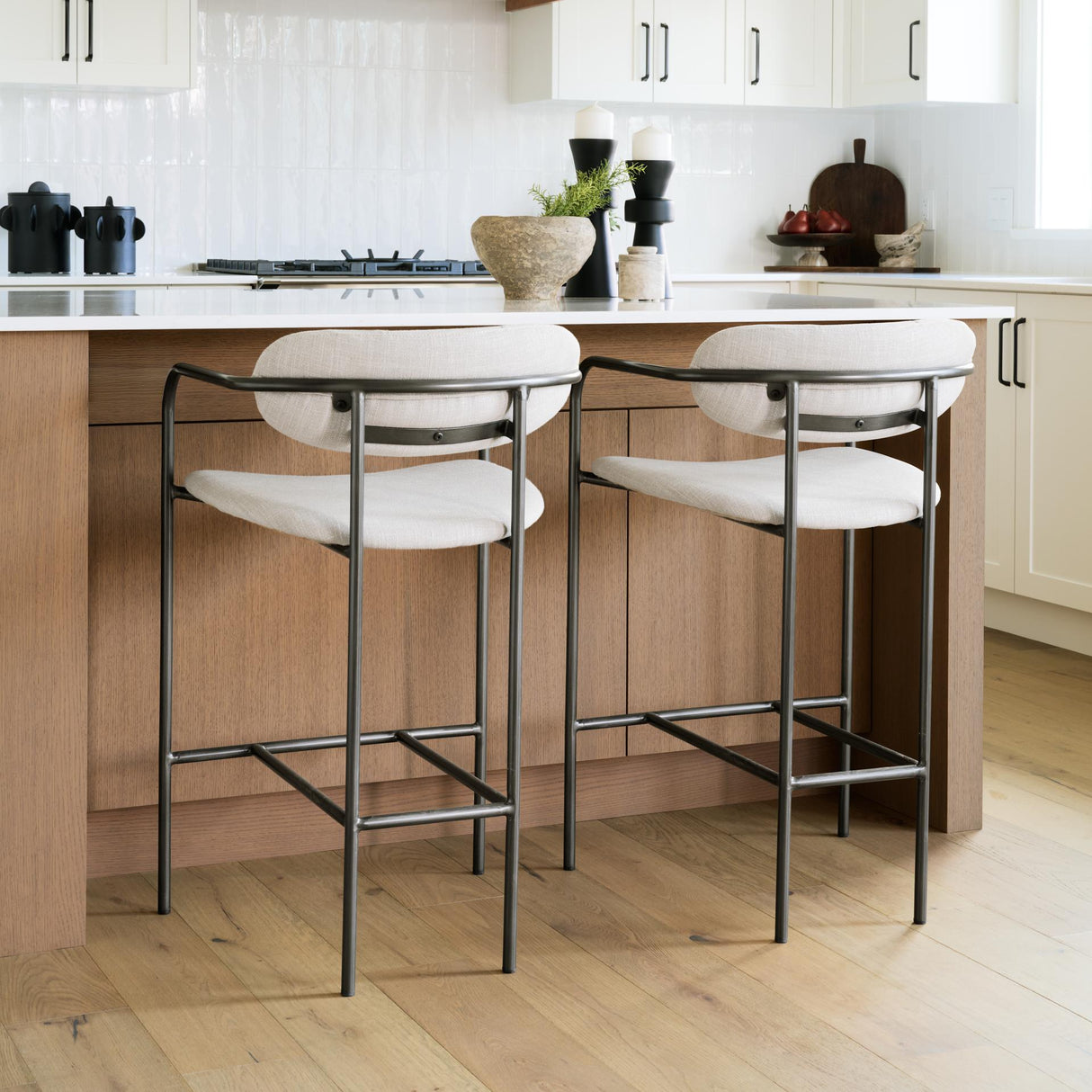 Mercana Parker II Beige Fabric Seat Gun Metal Grey Metal Counter Stool