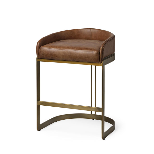 Mercana Hollyfield II Brown Leather Seat Gold Metal Base Stool