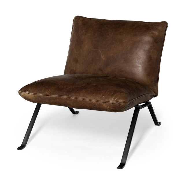 Mercana Flavelle I Brown Leather Cushion Seat and Solid Iron Base Accent Chair