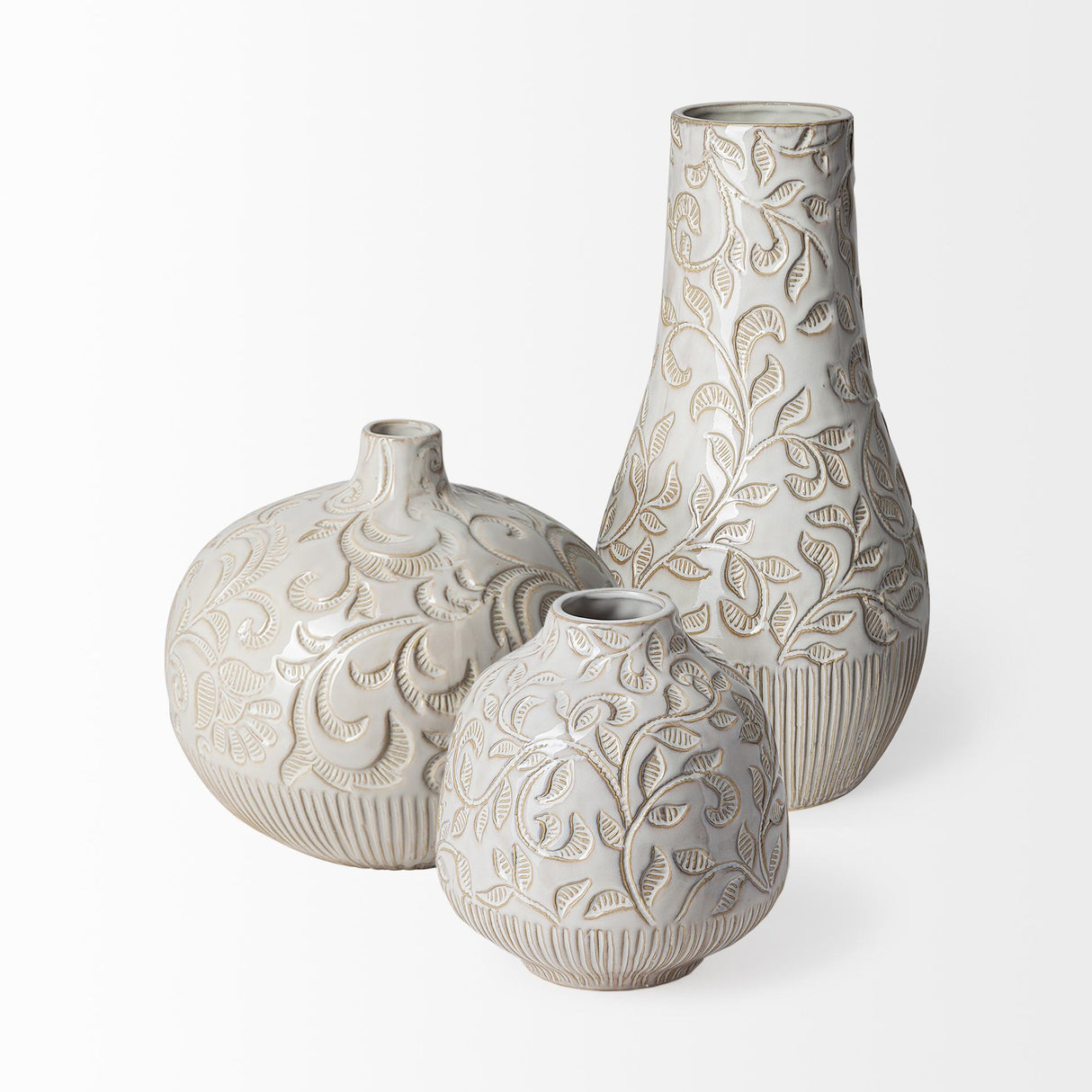 Mercana Jadiza II Medium White Glaze Floral Pattern Vase