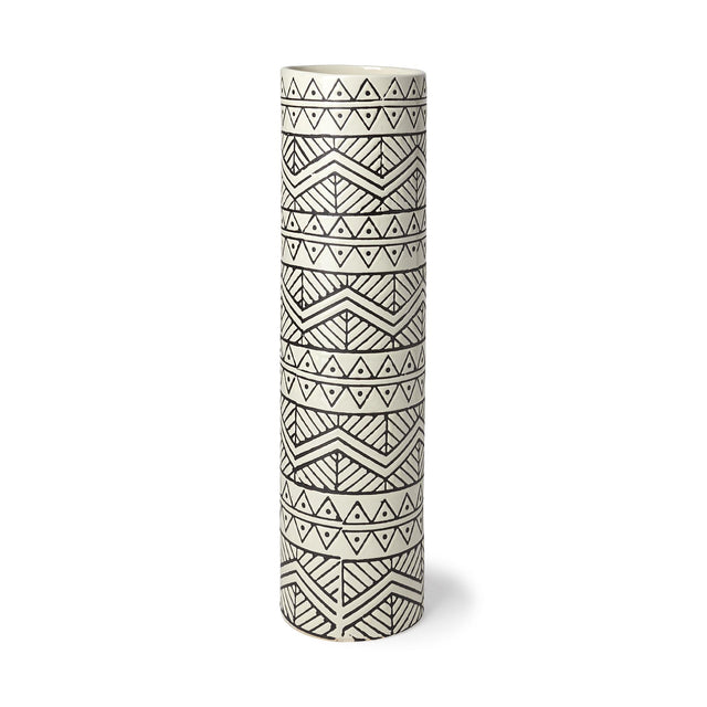 Mercana Uhura II Large Cream Black Patterned Cylindrical Ceramic Vase
