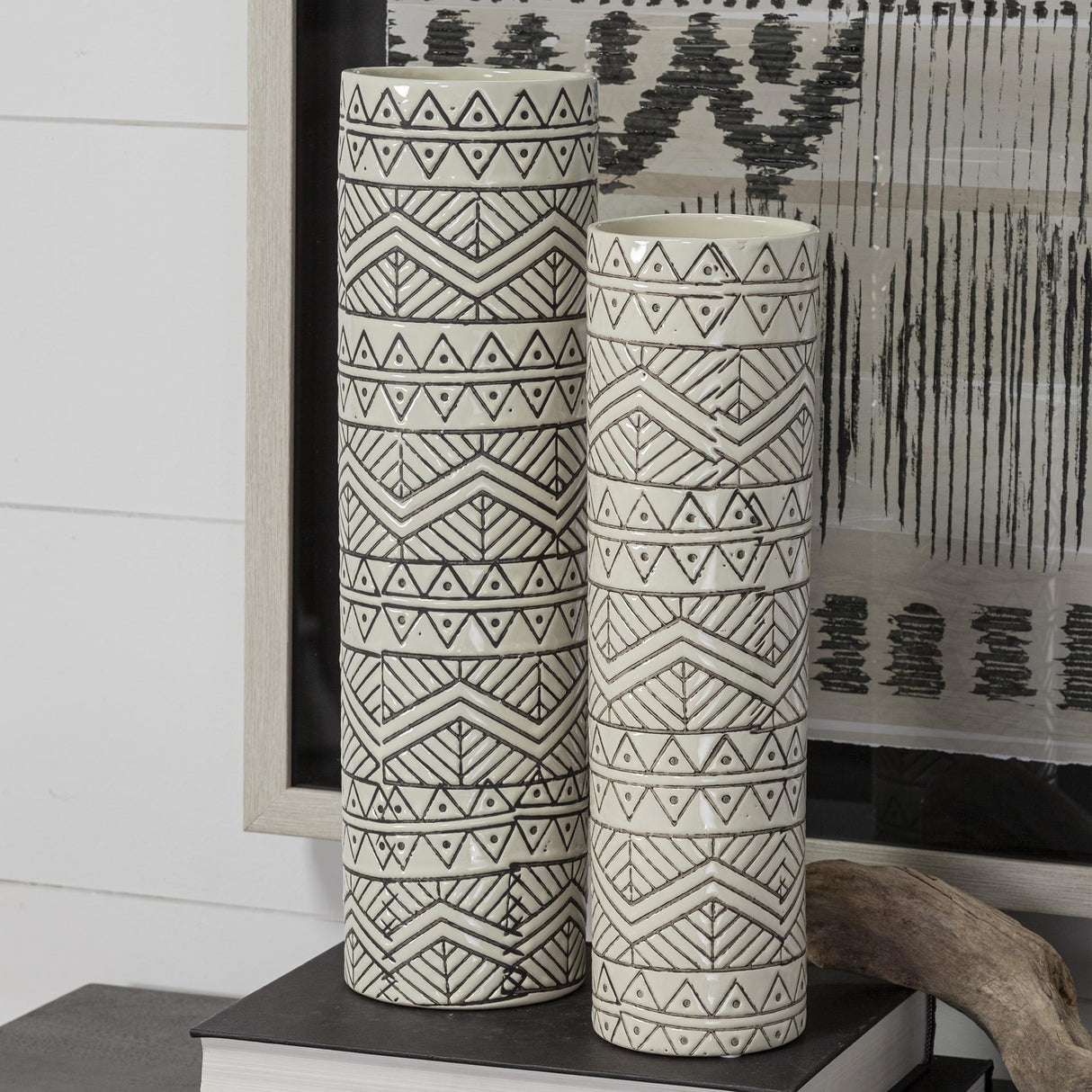 Mercana Uhura II Large Cream Black Patterned Cylindrical Ceramic Vase