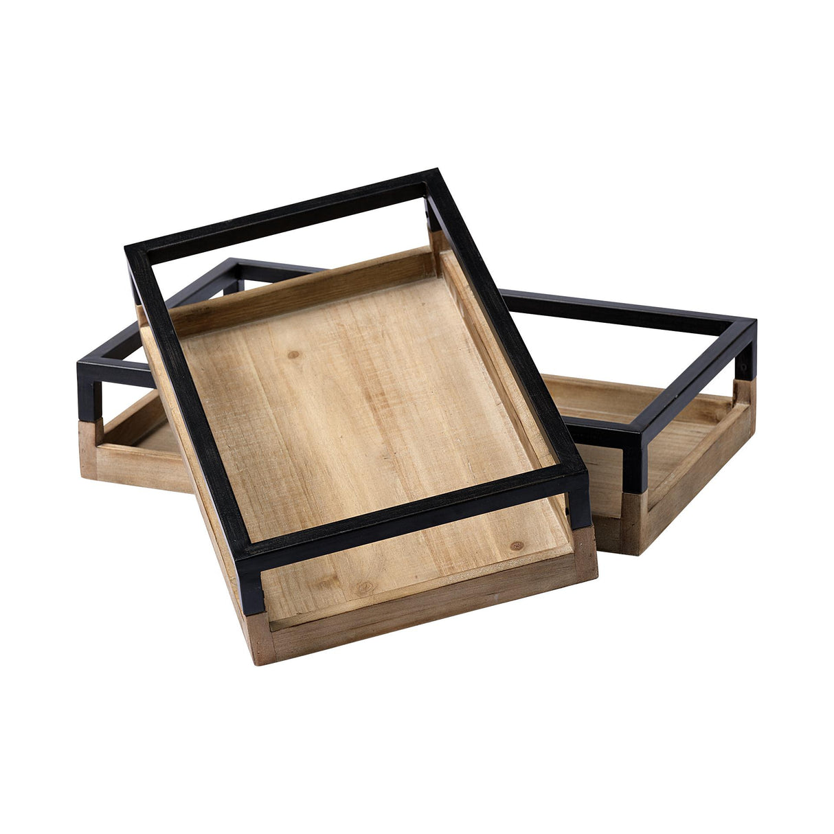 Mercana Ross Set of 2 Natural Wood W/ Black Metal Nesting Trays