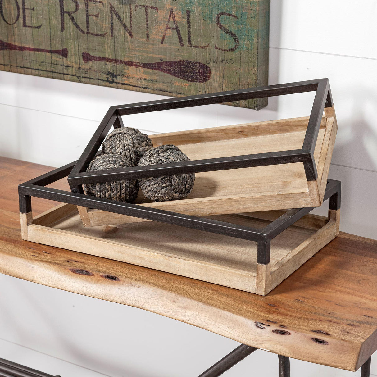 Mercana Ross Set of 2 Natural Wood W/ Black Metal Nesting Trays