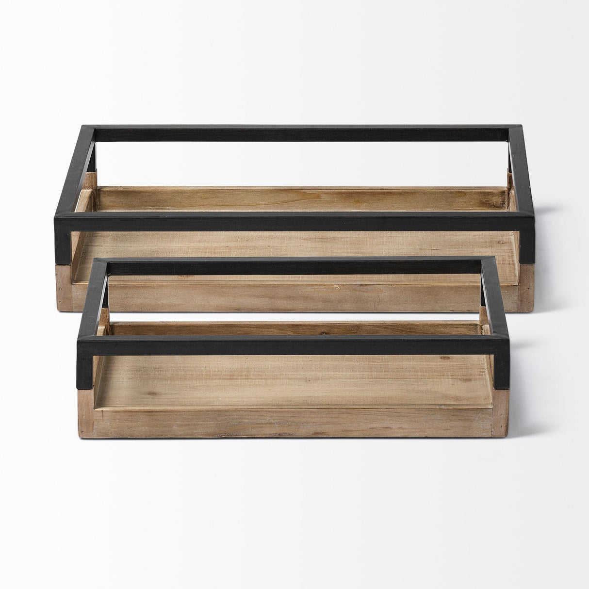 Mercana Ross Set of 2 Natural Wood W/ Black Metal Nesting Trays