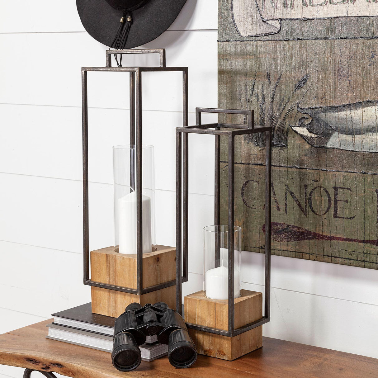 Mercana Orionis Large Wood w/ Black Metal Lantern Candle Holder