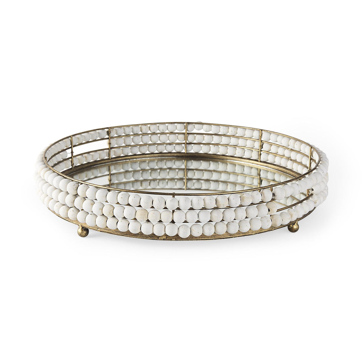 Mercana Decatur I 21L x 21W White Wooden Bead Mirrored Bottom Round Tray