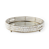 Mercana Decatur I 21L x 21W White Wooden Bead Mirrored Bottom Round Tray