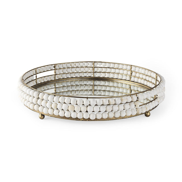 Mercana Decatur I 21L x 21W White Wooden Bead Mirrored Bottom Round Tray