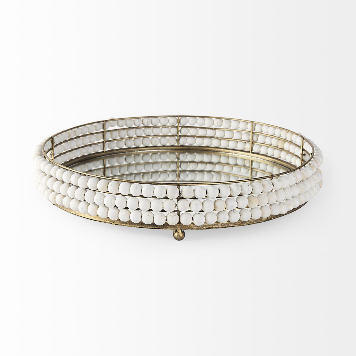 Mercana Decatur I 21L x 21W White Wooden Bead Mirrored Bottom Round Tray