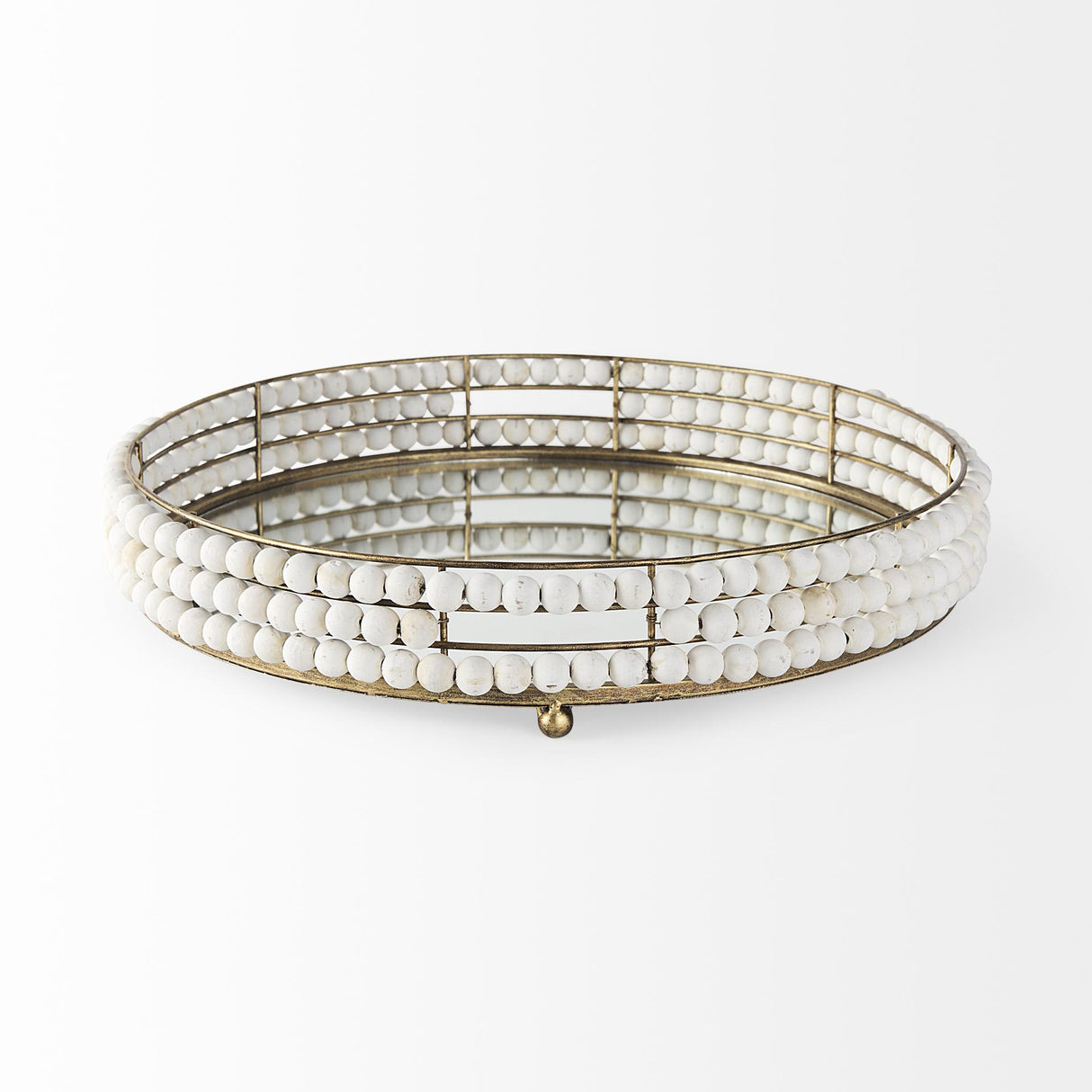 Mercana Decatur I 21L x 21W White Wooden Bead Mirrored Bottom Round Tray