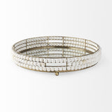 Mercana Decatur I 21L x 21W White Wooden Bead Mirrored Bottom Round Tray