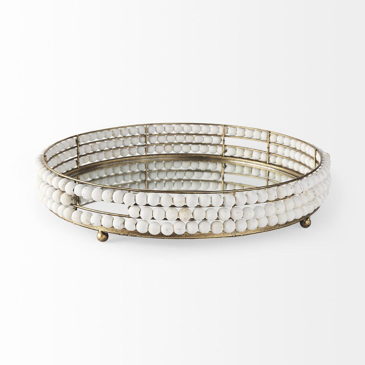 Mercana Decatur I 21L x 21W White Wooden Bead Mirrored Bottom Round Tray