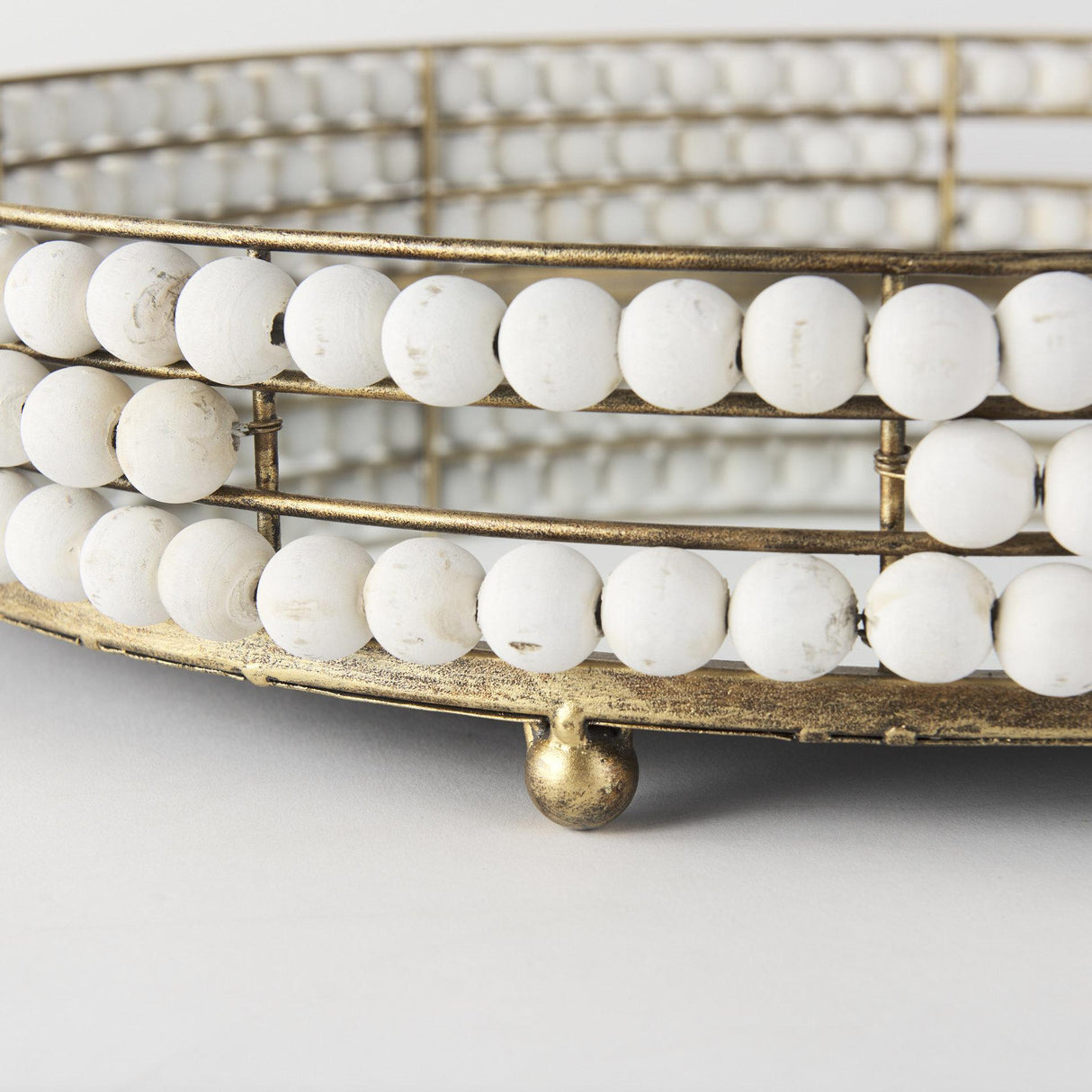 Mercana Decatur I 21L x 21W White Wooden Bead Mirrored Bottom Round Tray