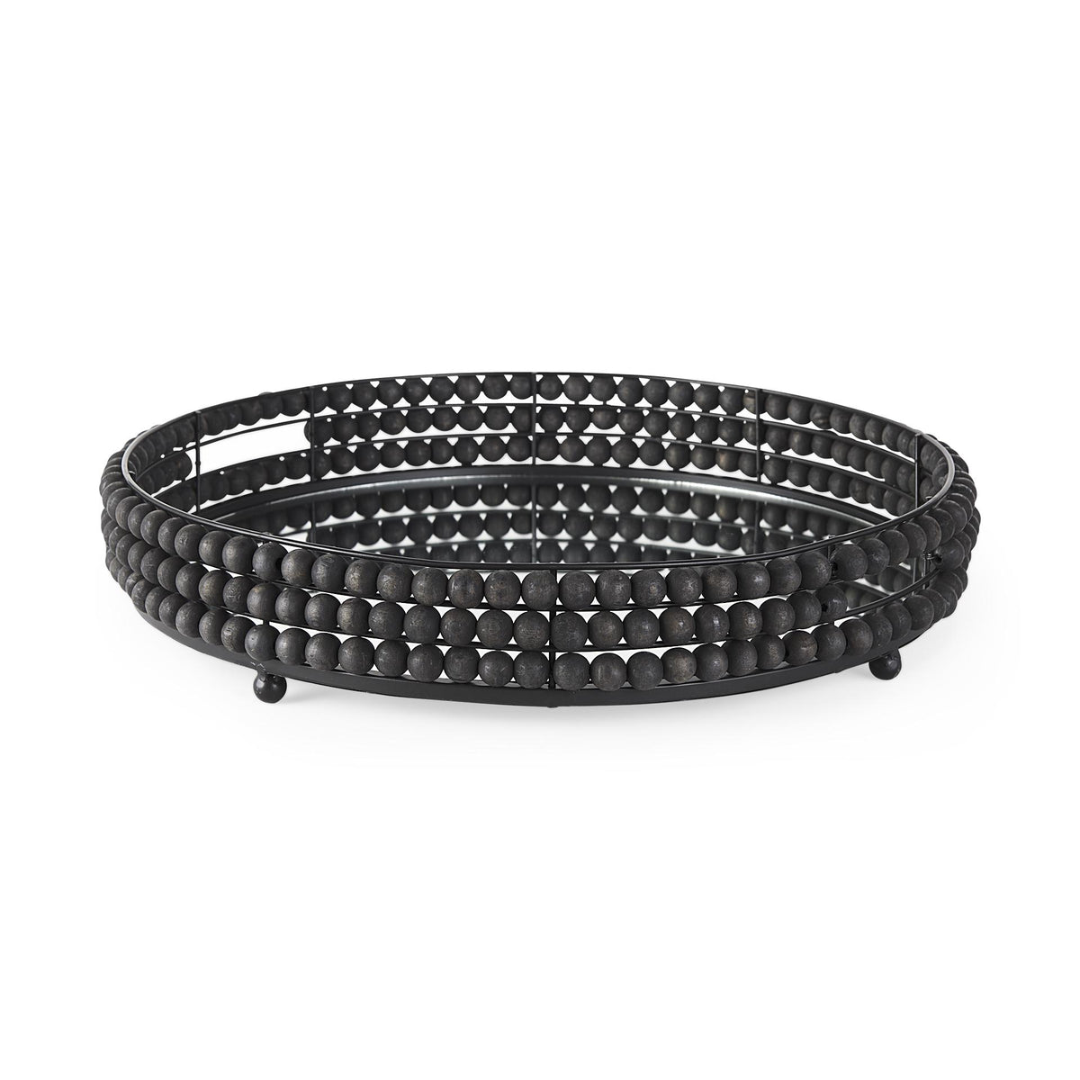 Mercana Decatur II 21L x 21W Black Wooden Bead Mirrored Bottom Round Tray