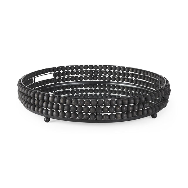 Mercana Decatur II 21L x 21W Black Wooden Bead Mirrored Bottom Round Tray